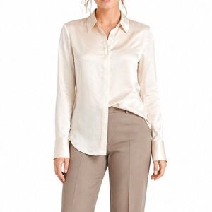 Mango Cream Satin Button Down Blouse Long Sleeve Elevated Basic XS Career Party